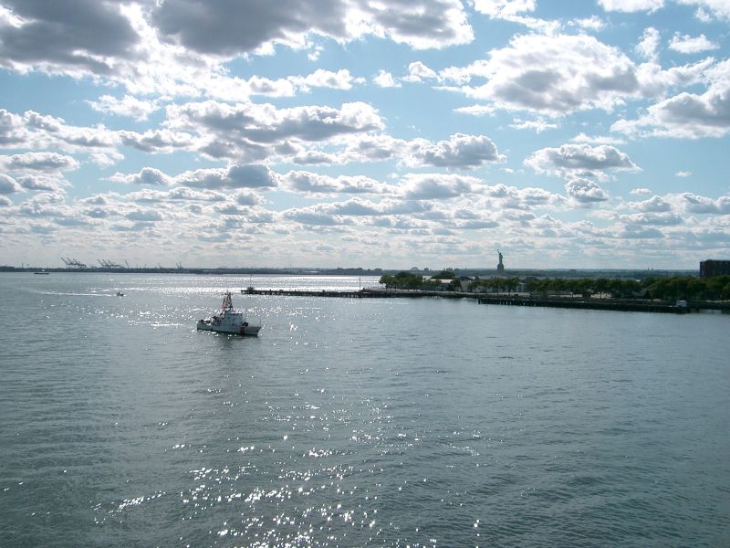 A glimpse of the Statue of Liberty as the QM2 departs