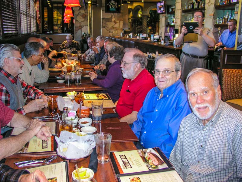 Clockwise around the table starting at left: Larry Pavlicek, Bob Everett, Rod Barnes, Norma Barnes, Harold Shiroma, Amy Gehr and son Josh, Betty Merritt, Red Merrit, Steve Rocha, George Huling, Hugh and Frances Bradford, Allegra Burnworth, Jerry Brown, Dennis Kaplan, Mike Crye. Klaus Gehr standing taking pictures with iPad.