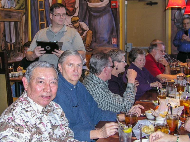 L-R: Steve Rocha, Klaus Gehr standing, George Huling, Hugh Bradford, Frances Bradford, Allegra Burnworth, Jerry Brown, Dennis Kaplan standing.