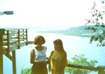 Lorrie and a friend at the Oasis on Lake Travis, Austin